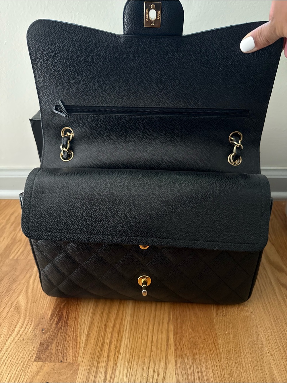 CHANEL Black Caviar Quilted Double Flap Shoulder Bag with Gold Hardware - Picture 7 of 15